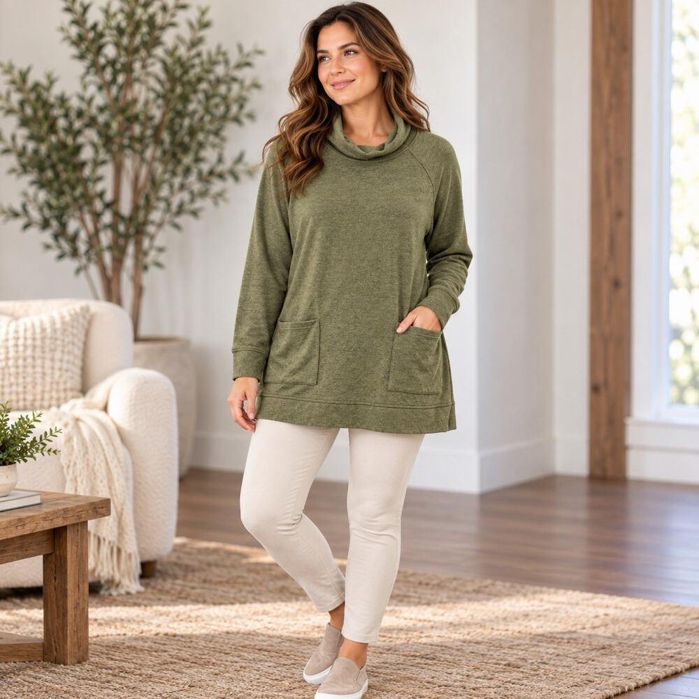 Haven Well Within Women’s XL Olive Green Cowl Neck Tunic Pullover Pockets Cozy